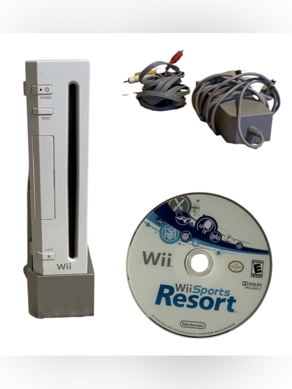 TESTED NINTENDO WII CONSOLE - Power/Composite Cables/Stand/Game (No Controllers)